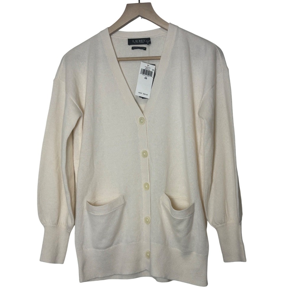 Lauren Ralph Lauren Washable Cashmere Cardigan iconic Sweater Cream off-white XS